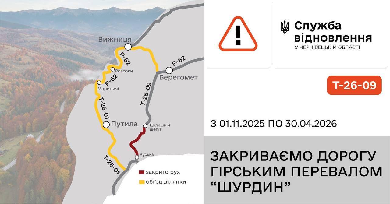 Із 1 листопада проїзд через гірський перевал «Шурдин» тимчасово закрито